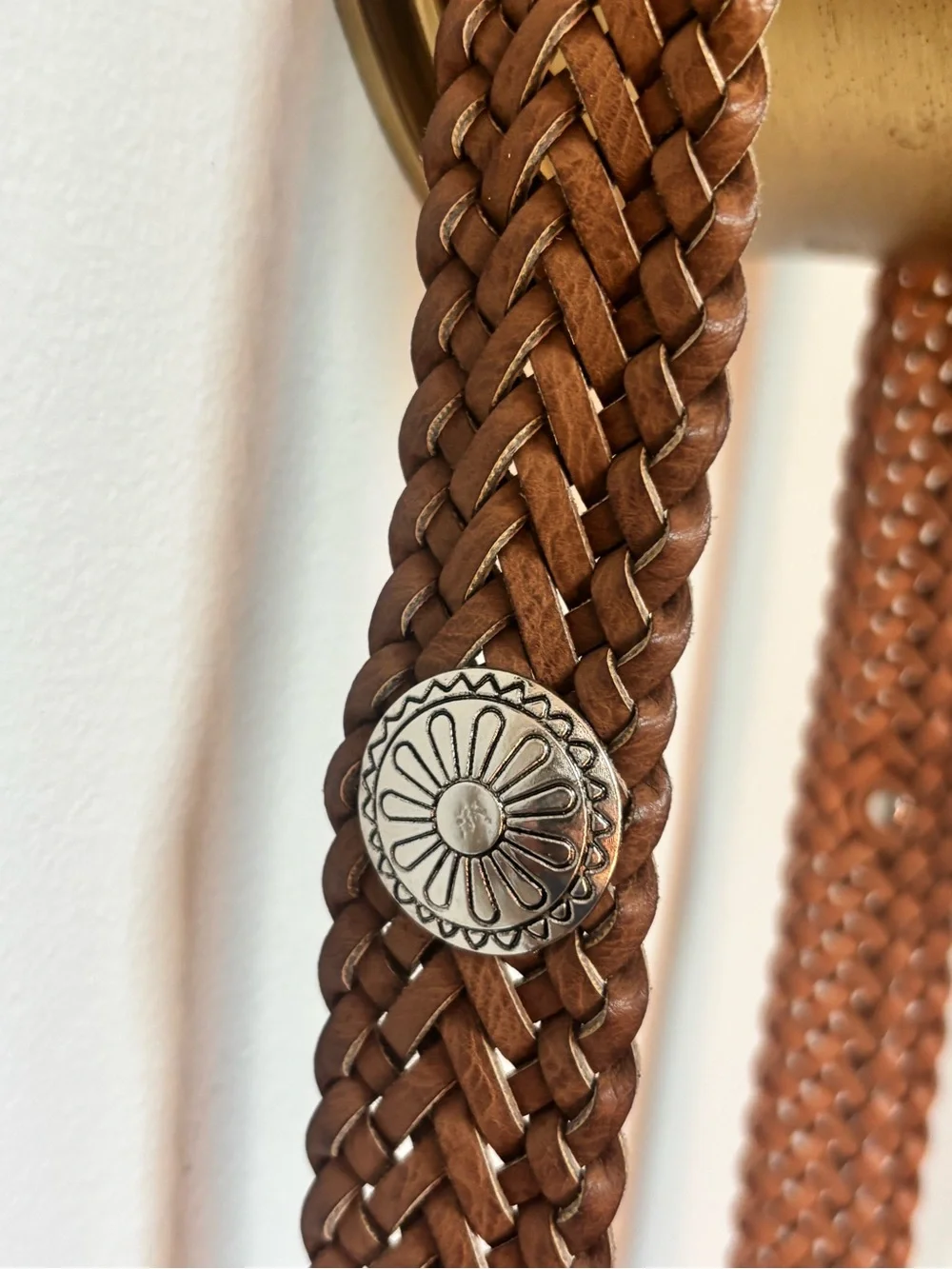 Brown Leather Weaved Southwestern Cowgirl Belt L With Silver Toned